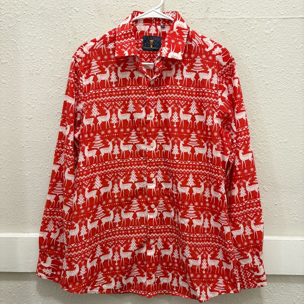 Simon Banks Red and White Christmas Reindeer Button Down Shirt Medium